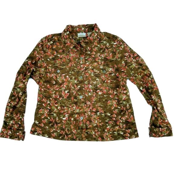 Vintage Women's Button-Up Short Jacket Size Large Lightweight Brown Red Leaves - Picture 1 of 6